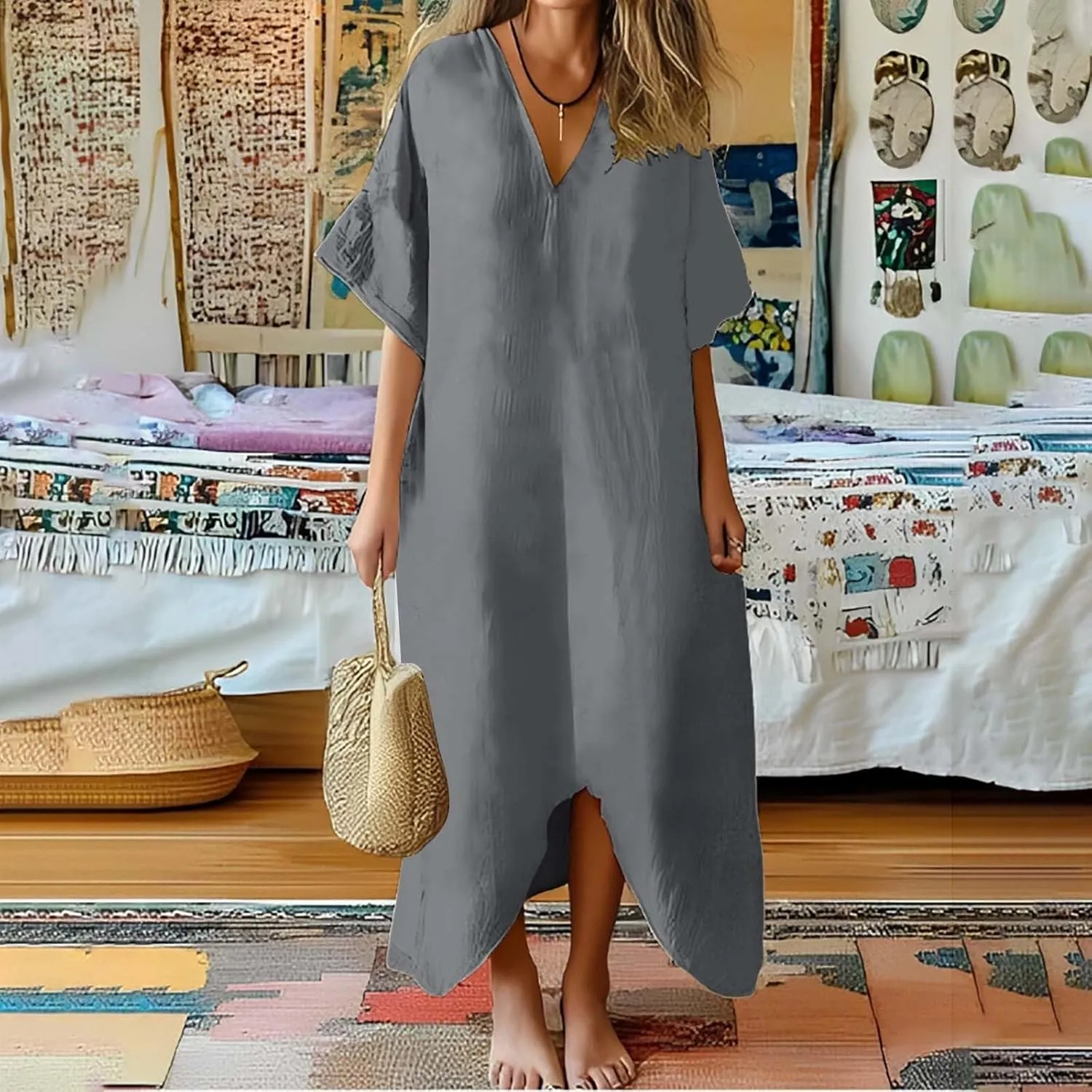 Women's 2025 Linen Casual Dresses Flowy V Neck Short Sleeve Maxi Dress Lightweight Summer Beach Vacation Clothes