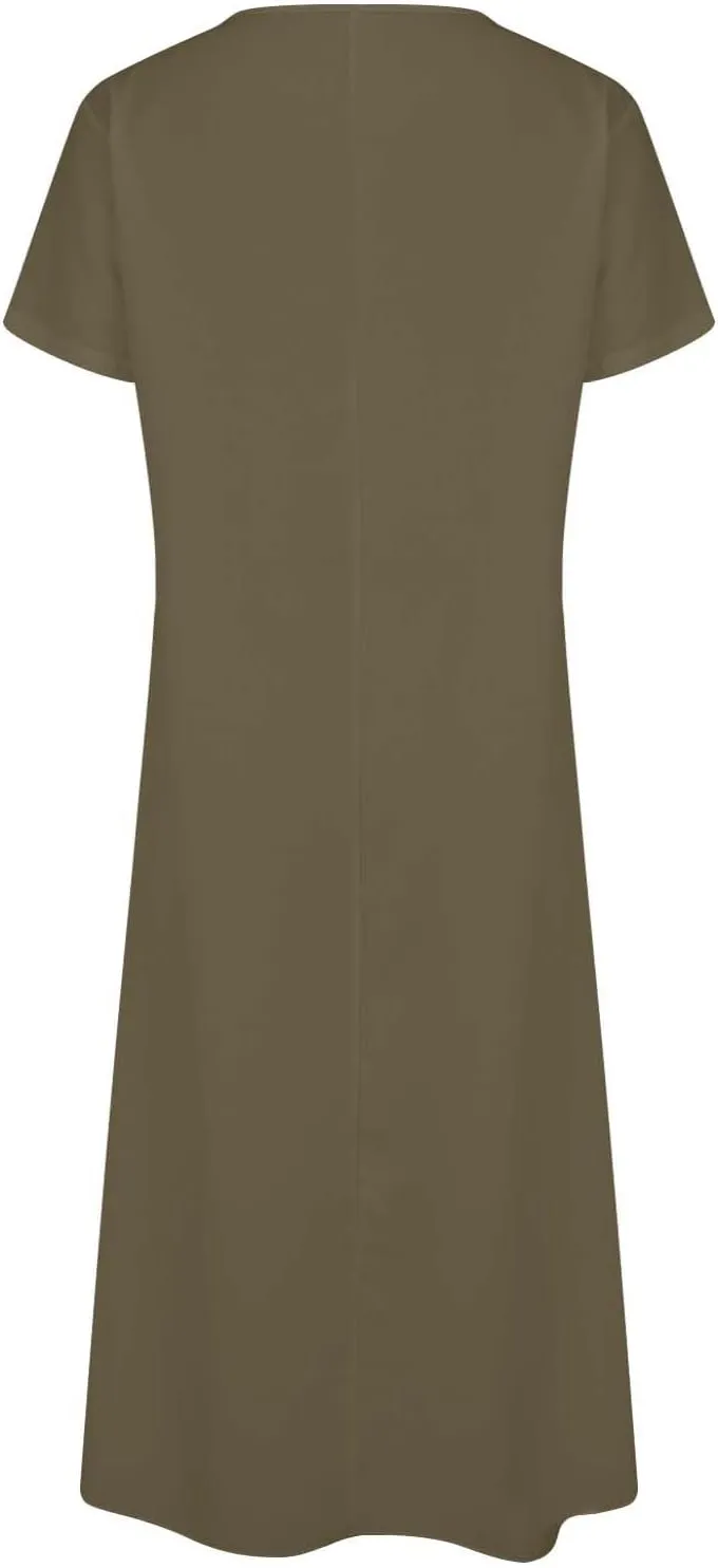 Women's 2025 Linen Casual Dresses Flowy V Neck Short Sleeve Maxi Dress Lightweight Summer Beach Vacation Clothes
