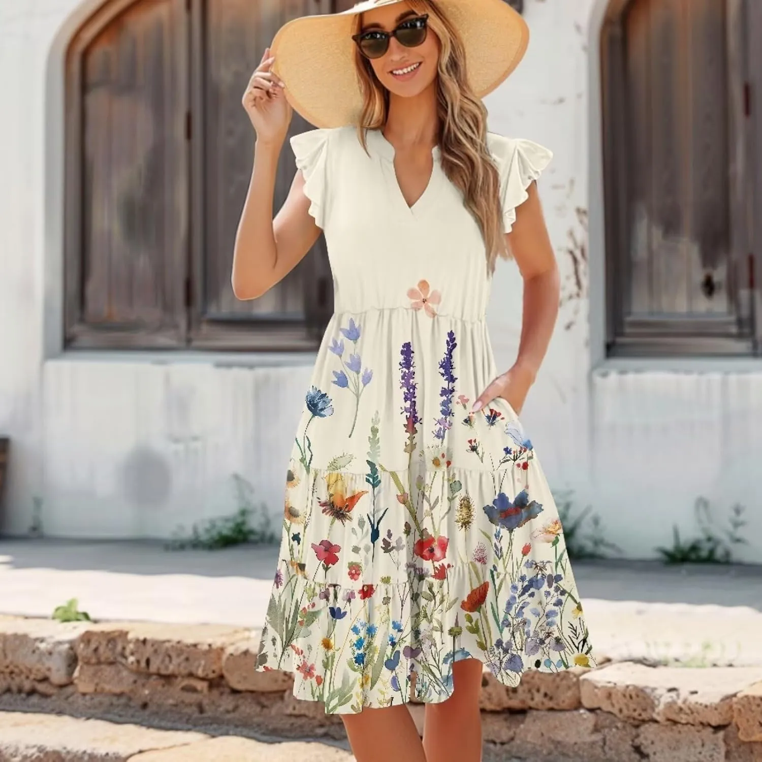 Women's Elegant Flowy Dress Casual Floral Sundress V-Neck Short Sleeve Dresses A-Lined Tiered Midi Dresses