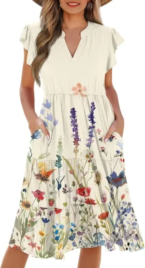 Women's Elegant Flowy Dress Casual Floral Sundress V-Neck Short Sleeve Dresses A-Lined Tiered Midi Dresses