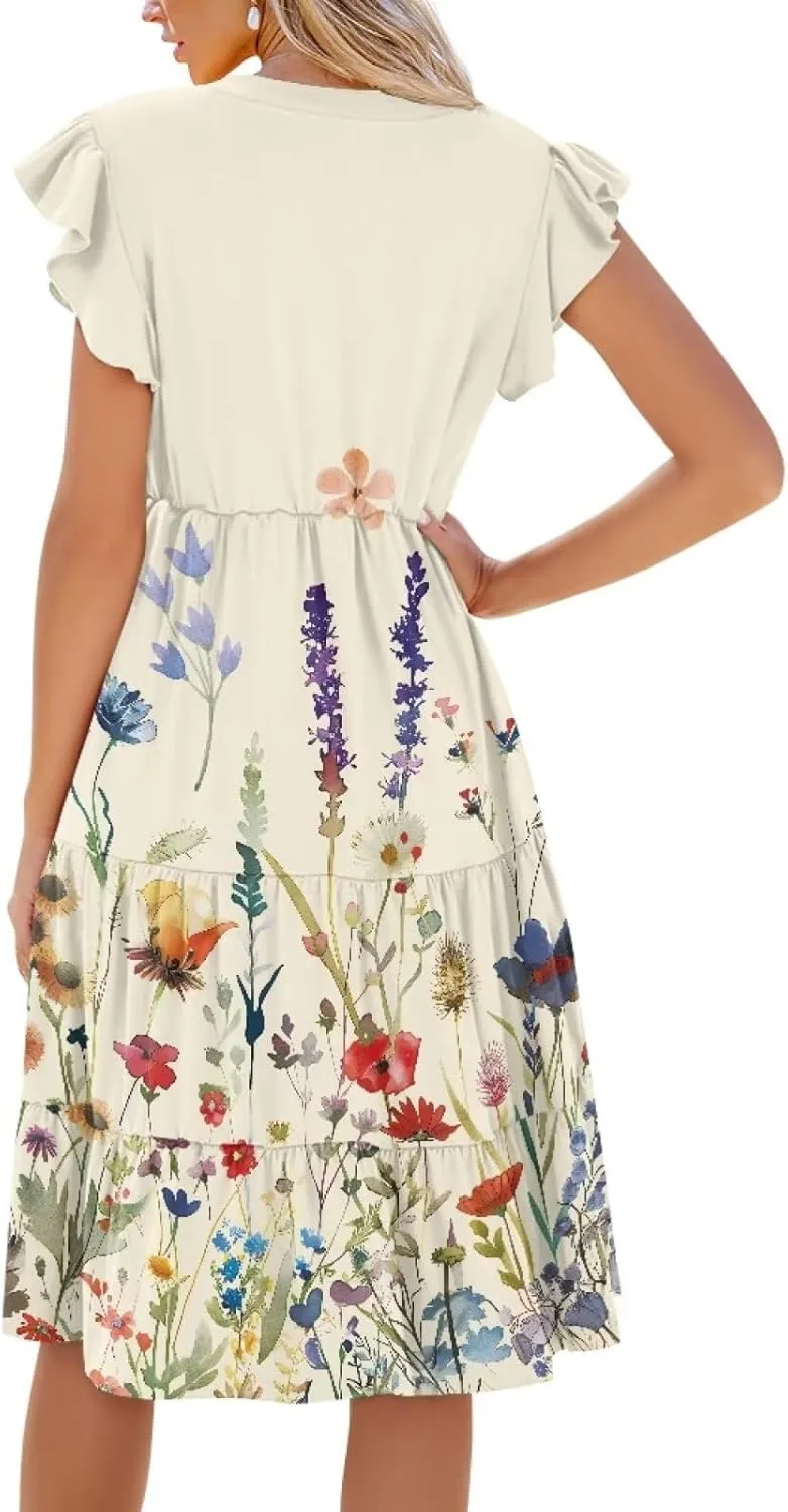 Women's Elegant Flowy Dress Casual Floral Sundress V-Neck Short Sleeve Dresses A-Lined Tiered Midi Dresses