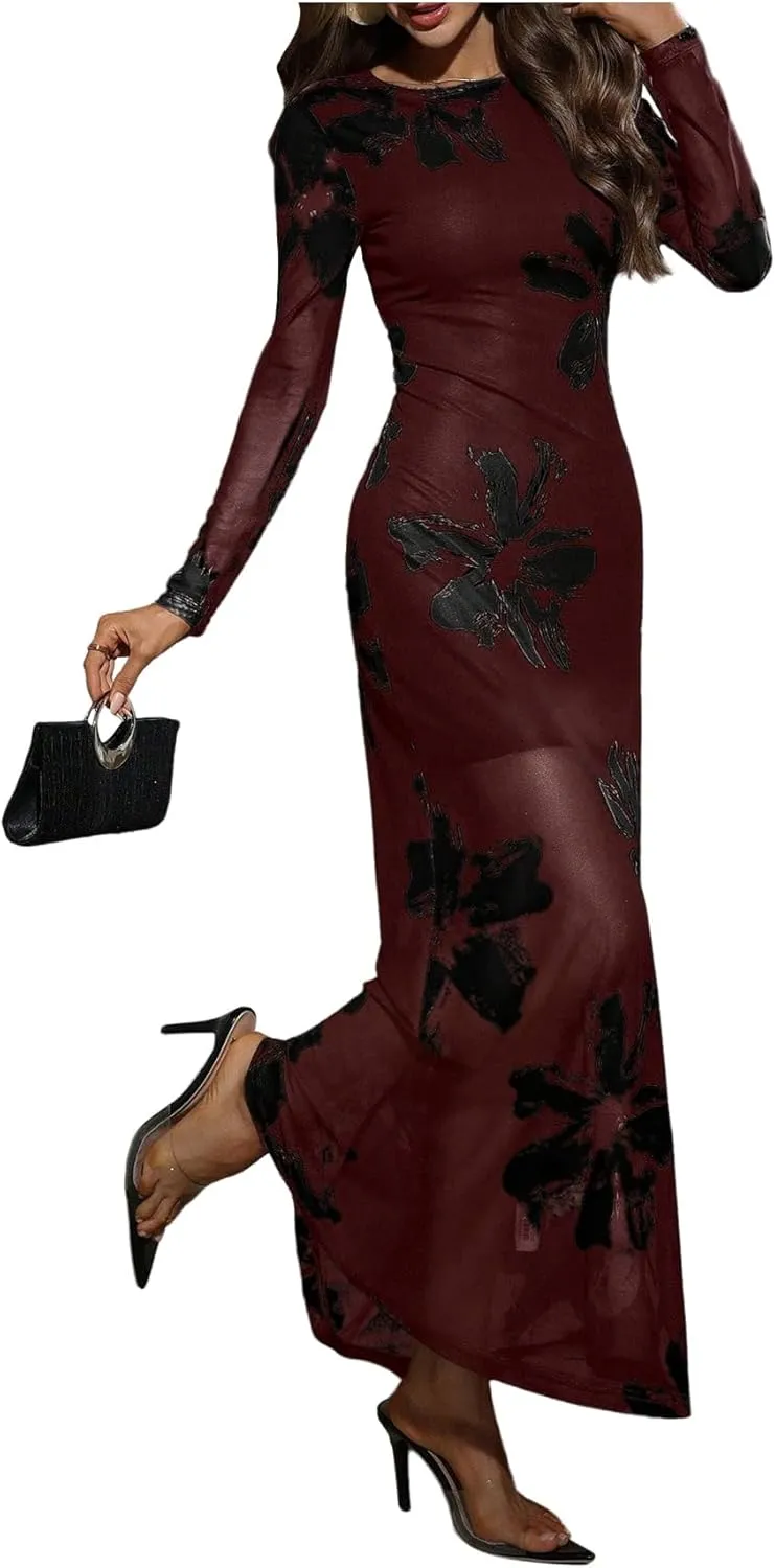 Women's Sexy Floral Dress Elegant Sheer Mesh Long Sleeve Crew Neck Maxi Bodycon Dresses
