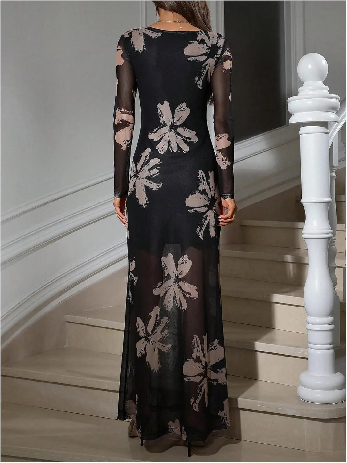 Women's Sexy Floral Dress Elegant Sheer Mesh Long Sleeve Crew Neck Maxi Bodycon Dresses