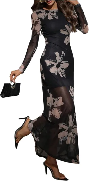 Women's Sexy Floral Dress Elegant Sheer Mesh Long Sleeve Crew Neck Maxi Bodycon Dresses