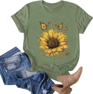 Womens Short Sleeve Round Neck Sunflower Graphic Printed Summer Tee Vintage T Shirt Casual Cotton Tops