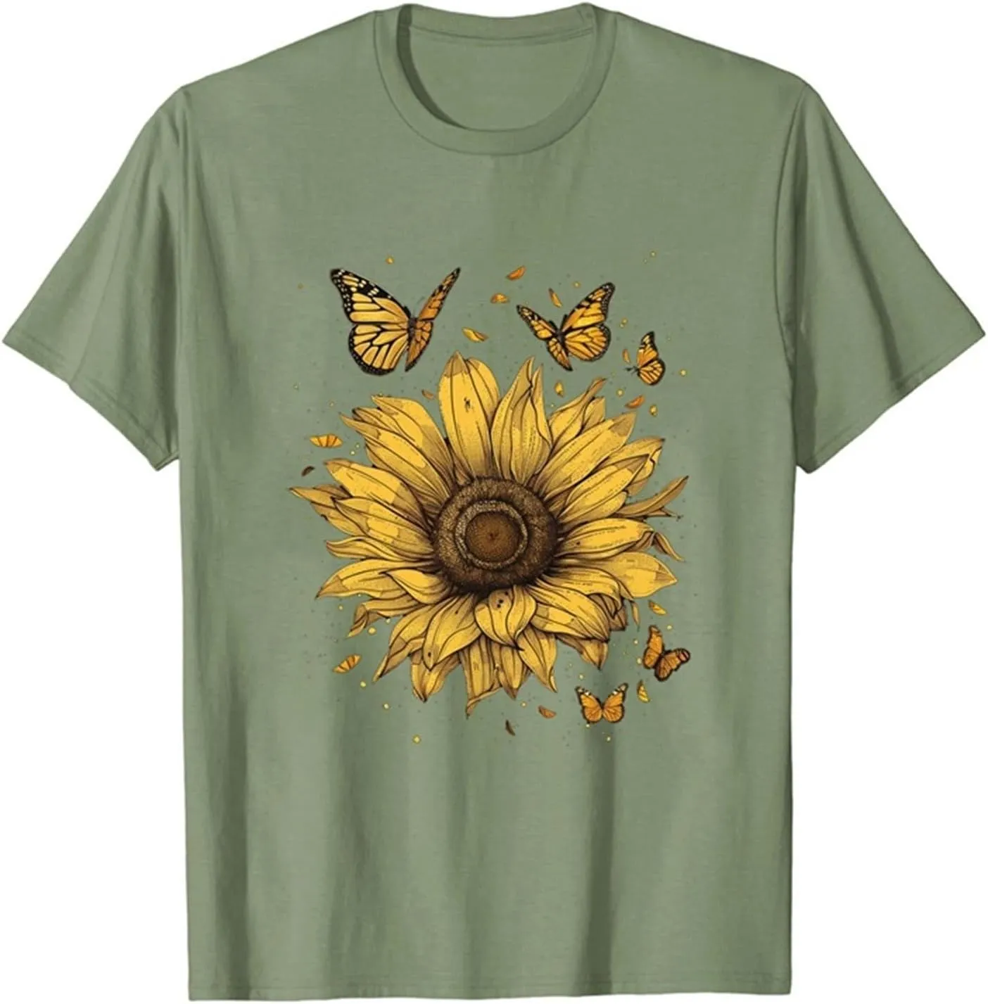 Womens Short Sleeve Round Neck Sunflower Graphic Printed Summer Tee Vintage T Shirt Casual Cotton Tops