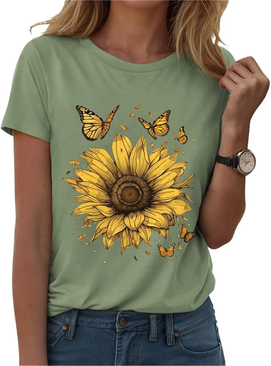 Womens Short Sleeve Round Neck Sunflower Graphic Printed Summer Tee Vintage T Shirt Casual Cotton Tops
