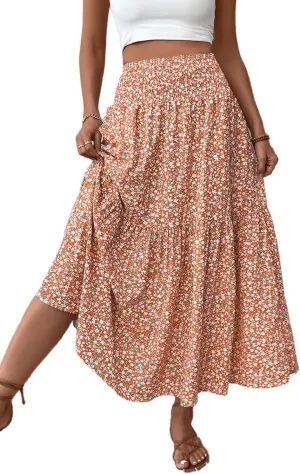 Women's Smocked High Waist Maxi Skirt Casual Boho Long Skirts with Pockets