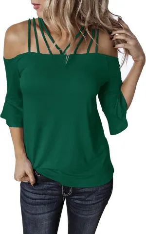 Womens Spaghetti Straps Cold Shoulder Shirts Casual Half Sleeve Tops