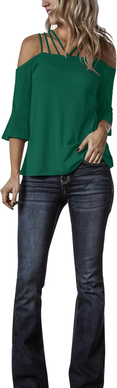 Womens Spaghetti Straps Cold Shoulder Shirts Casual Half Sleeve Tops