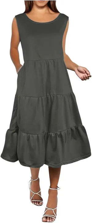 Women's Summer Sleeveless Maxi Sundress Swing Casual Flowy Tiered Shirts Dress Beach Travel Vacation Outfits