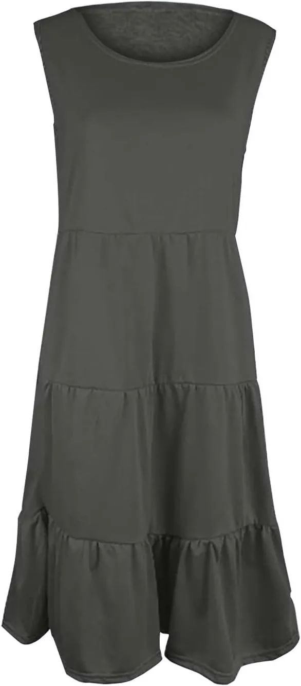 Women's Summer Sleeveless Maxi Sundress Swing Casual Flowy Tiered Shirts Dress Beach Travel Vacation Outfits
