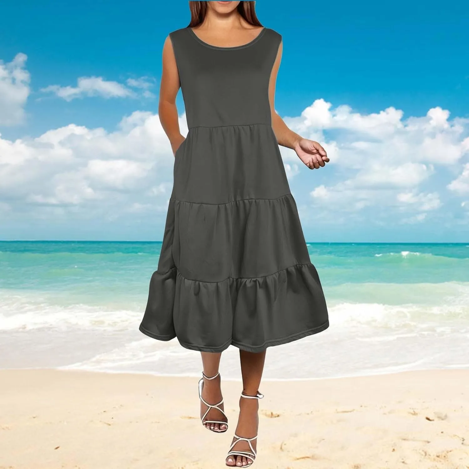 Women's Summer Sleeveless Maxi Sundress Swing Casual Flowy Tiered Shirts Dress Beach Travel Vacation Outfits