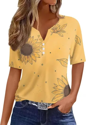 Women'S T-Shirts Button Down Tunic Tops Short Sleeve Floral Blouse Henley V Neck Summer Clothes