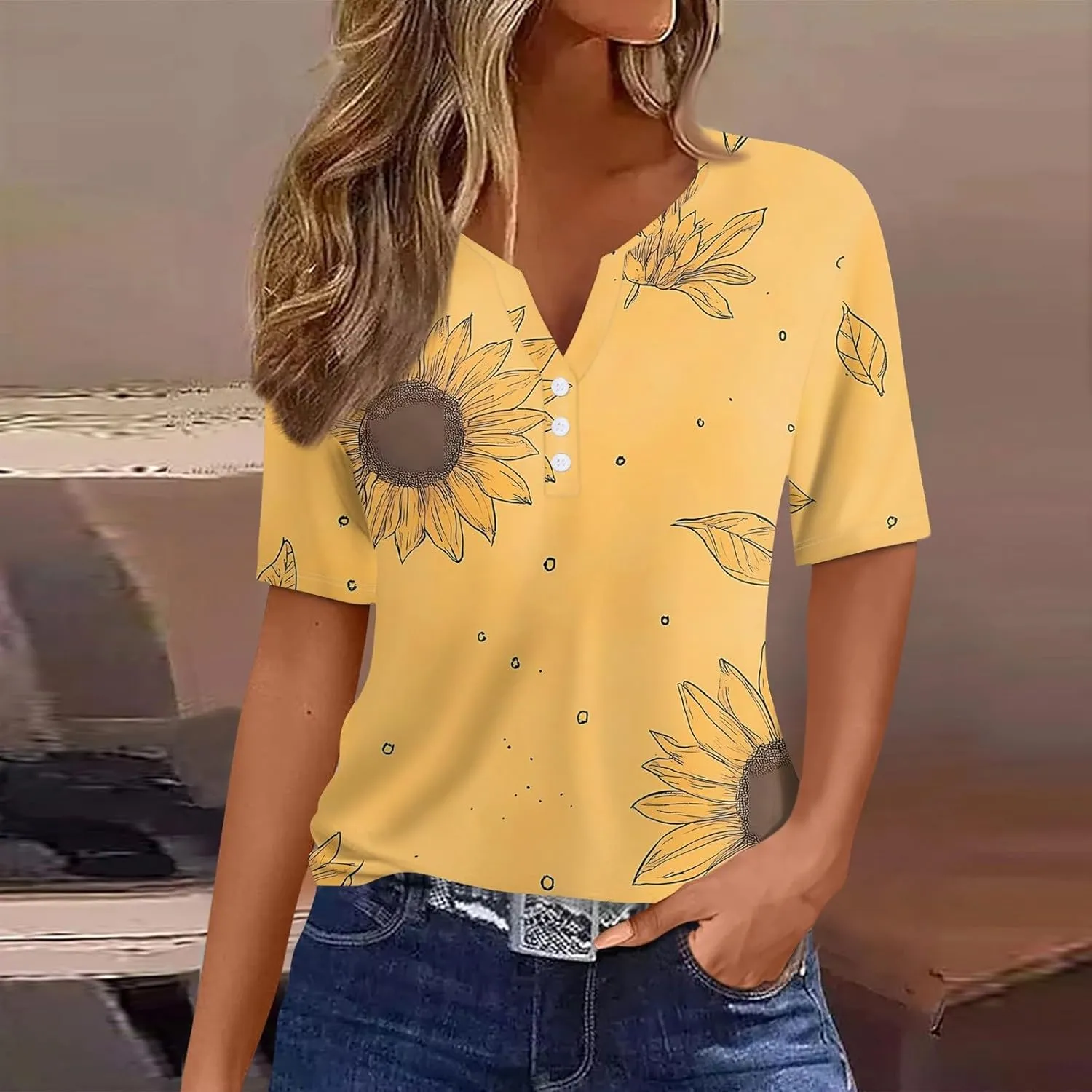 Women'S T-Shirts Button Down Tunic Tops Short Sleeve Floral Blouse Henley V Neck Summer Clothes
