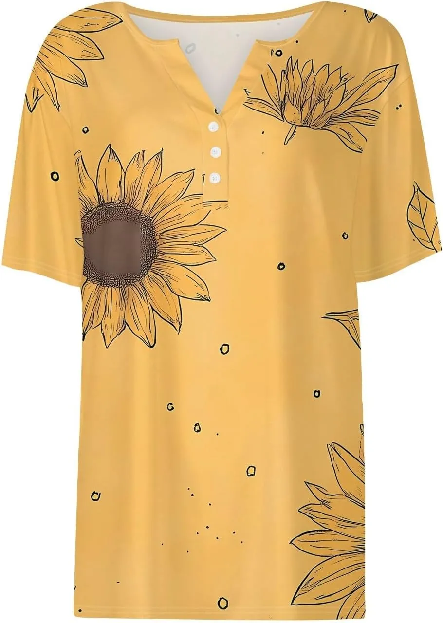Women'S T-Shirts Button Down Tunic Tops Short Sleeve Floral Blouse Henley V Neck Summer Clothes