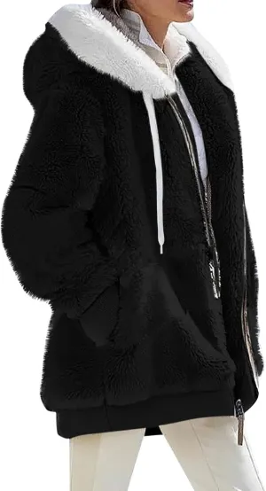 Women's Winter Coats Fuzzy Fleece Jacket Hooded Color Block Patchwork Cardigan Coat Outerwear With Pockets