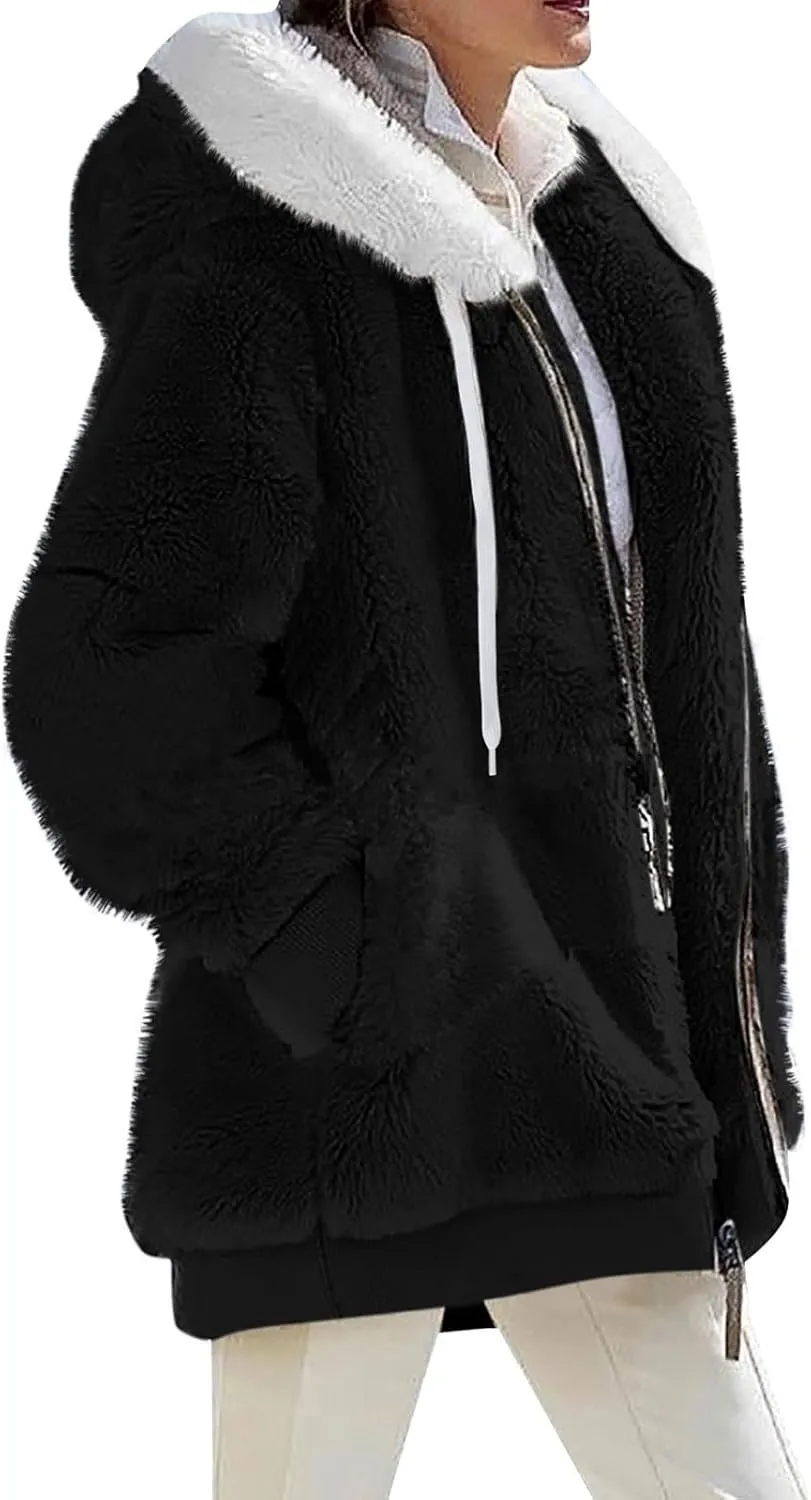 Women's Winter Coats Fuzzy Fleece Jacket Hooded Color Block Patchwork Cardigan Coat Outerwear With Pockets