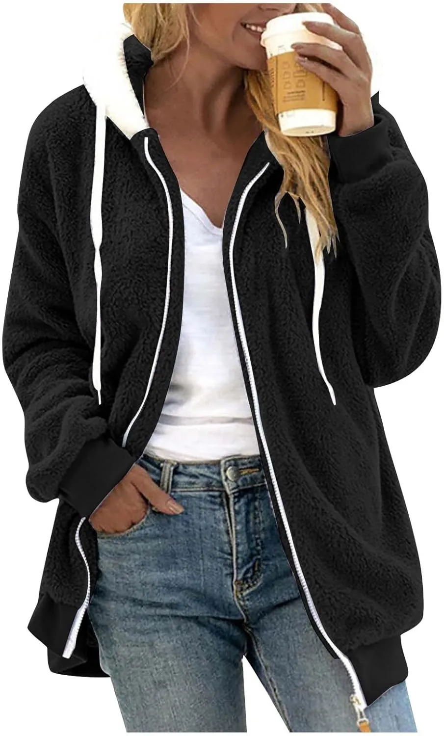 Women's Winter Coats Fuzzy Fleece Jacket Hooded Color Block Patchwork Cardigan Coat Outerwear With Pockets