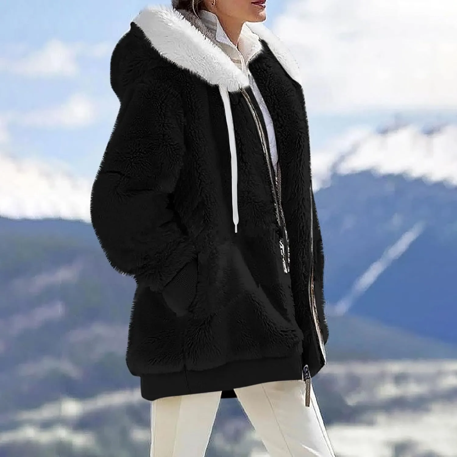 Women's Winter Coats Fuzzy Fleece Jacket Hooded Color Block Patchwork Cardigan Coat Outerwear With Pockets