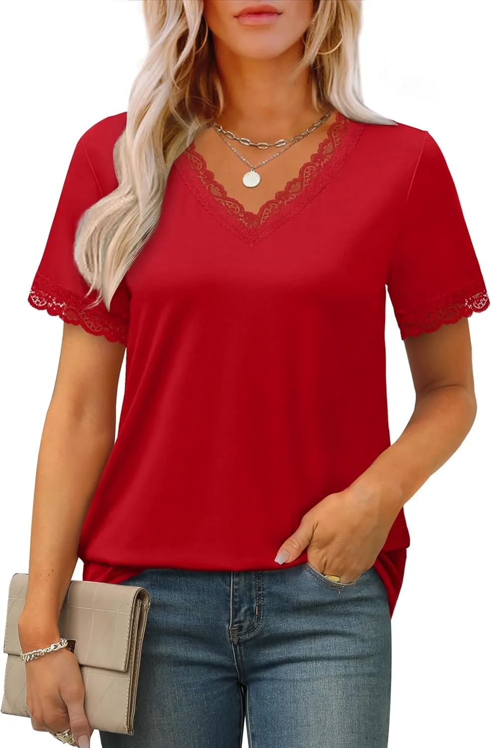XIEERDUO V Neck T Shirts for Women Lace Sleeve Ladies Tops and Blouses Summer Outfits Basic Tee