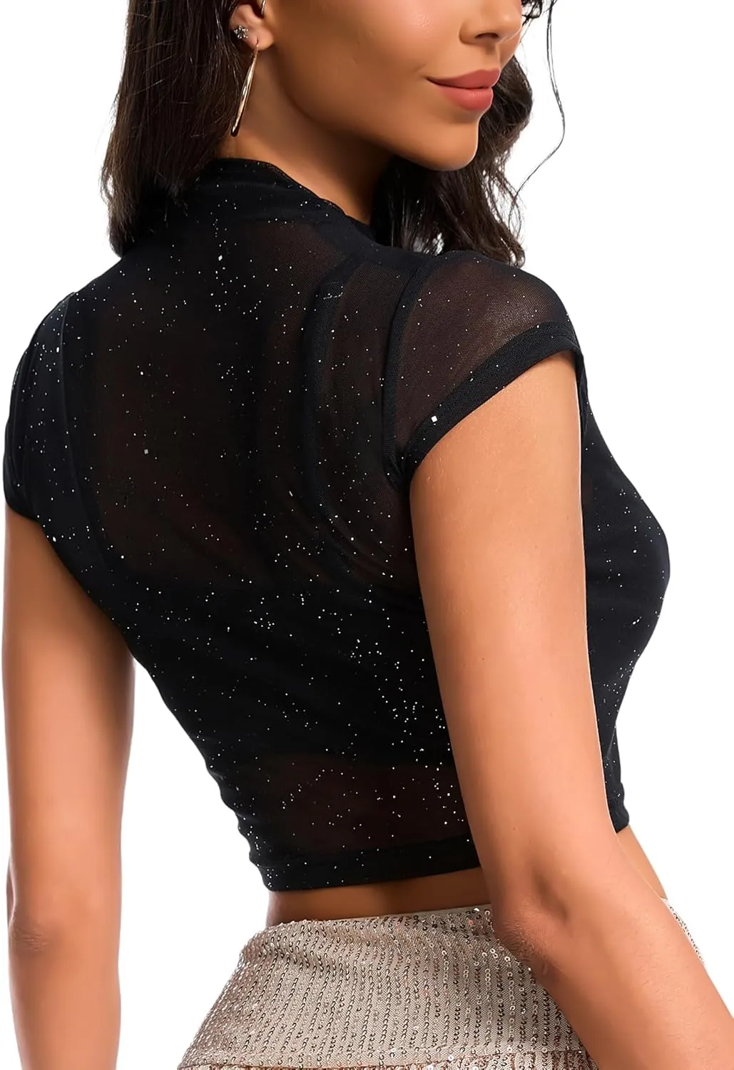 YYA Sheer Mesh Crop Top with Silver Glitter Cap Sleeve Party Top for Women Sexy Blouse S-XXL